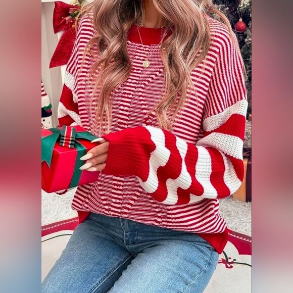 Vintage Sweaters - 🩵🅰️NWOT Red & White Striped Knit Long Sleeve Sweater Large
